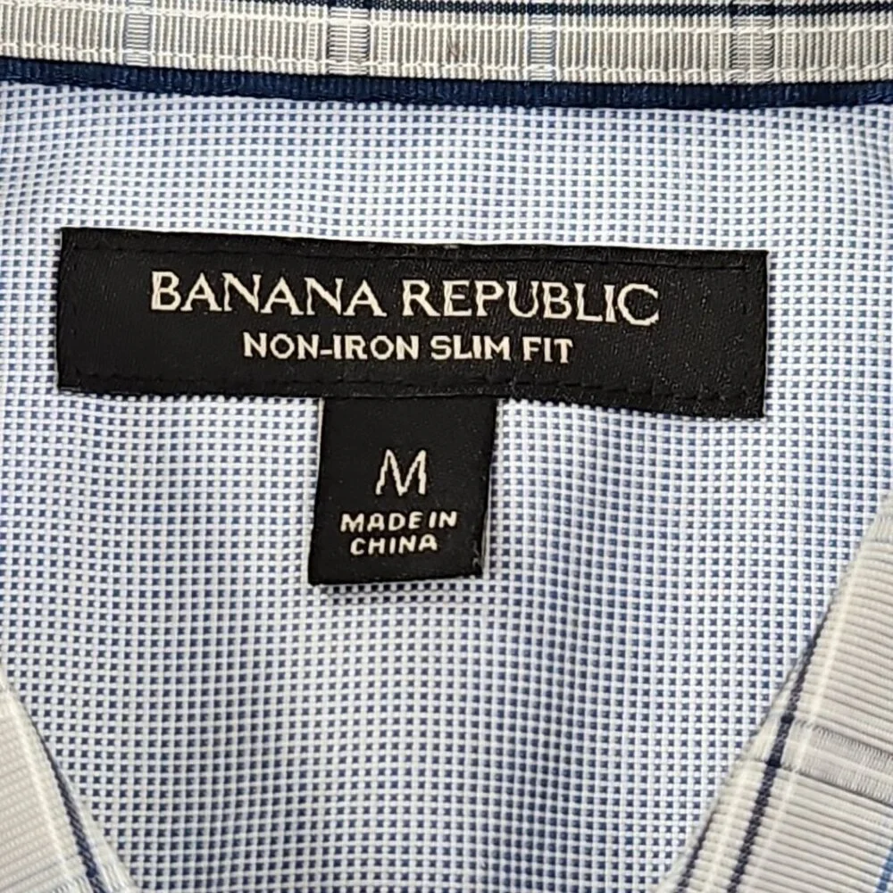 Banana Republic Non-Iron Shirt‎ Men's M Gray Blue Check Slim Fit EUC Long Sleeve